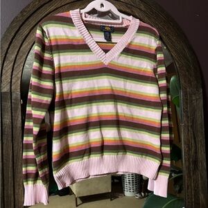 Route 66 Pink and Green Striped V-Neck Sweater